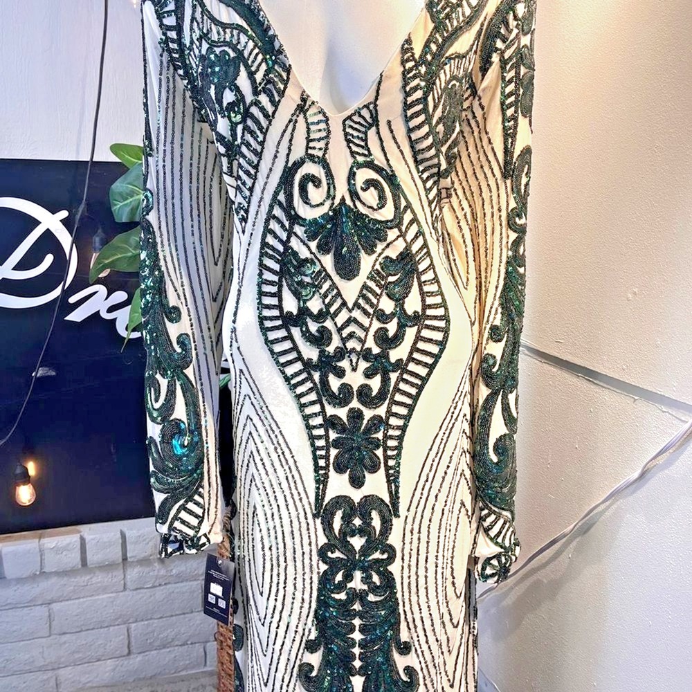 Glamorous Sequin Long Sleeve Dress in Green and White